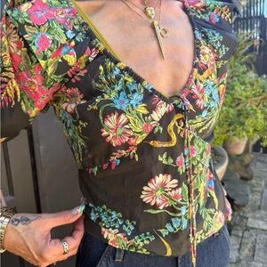 MOTHER Floral Puff Sleeve Top Black Multicolor Smocked Back Corset Style Fit